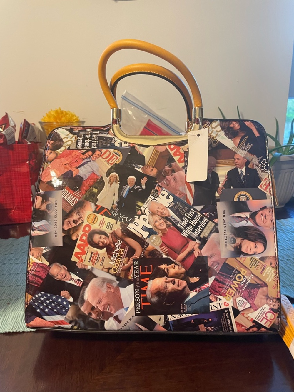 Collage Print Structured Satchel Handbag with Yellow Handles